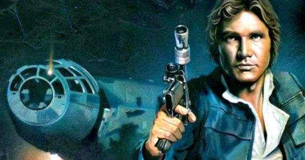 Han Solo in posa in una fan art, con il celebre Millennium Falcon sullo sfondo.