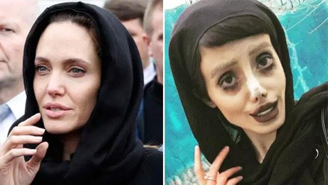 Iraniana subisce 50 operazioni per somigliare ad Angelina Jolie La Jolie a sinistra, Sahar Tabar a destra