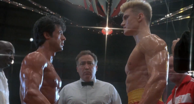 Ivan Drago e Rocky Balboa in un'immagine dal quarto film della saga Ivan Drago e Rocky Balboa sono pronti al match definitivo