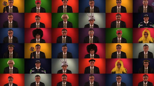 Bill Gates al The Late Night Jimmy Fallon canta GatesLetter.com per promuovere il suo sito Bill Gates travestito in diversi modi per il video virale per la sua canzone GatesLetter.com