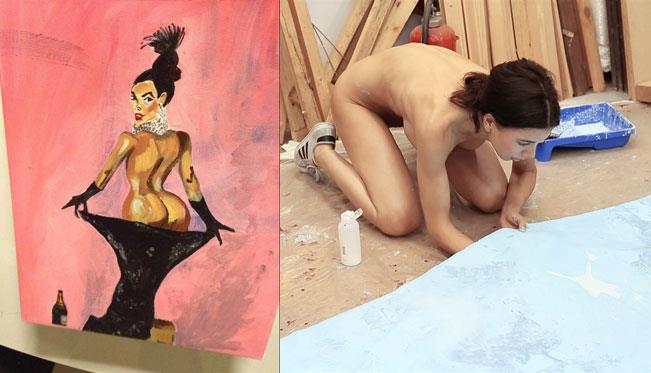 L'opera di Kim Kardashian di Uwe Max Jensen e, accanto, l'artista Milo Moiré