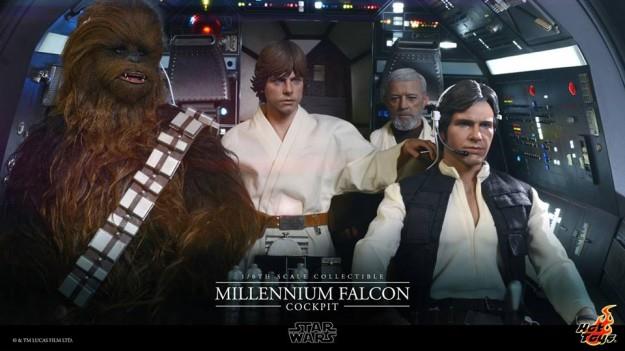 Il cockpit del Millennium Falcon con Han Solo e Chewbacca
