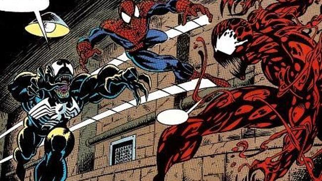 Venom, Spider-Man and Carnage Tavola di un fumetto in cui Spider-Man e Venom si scontrano con Carnage.