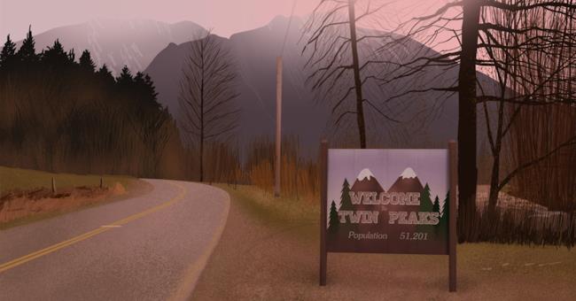 Una simbolica immagine della serie televisiva L'entrata di Twin Peaks con il cartello