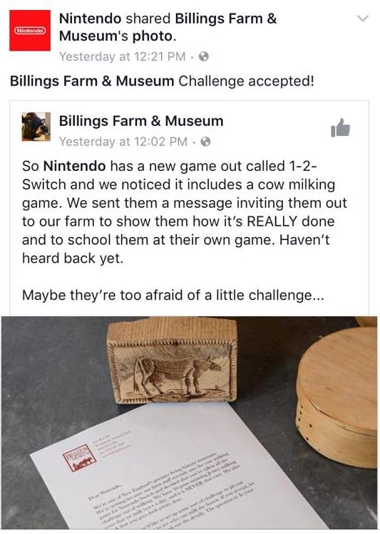 Il post Facebook di Nintendo in cui accetta la sfida