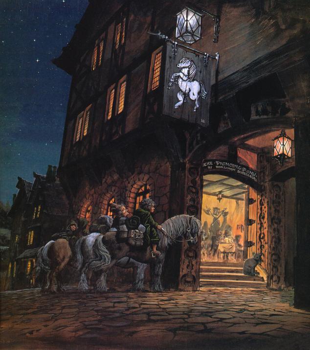 Gli Hobbit a Brea in un'illustrazione per Il Signore degli Anelli