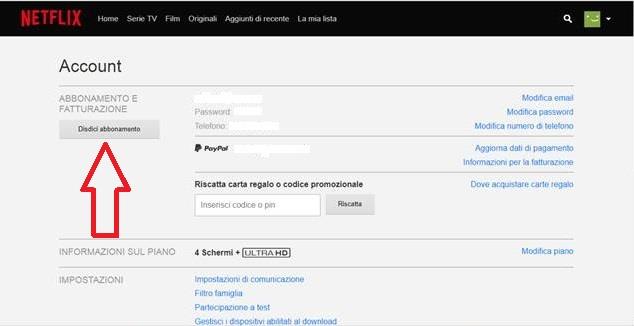 La schermata con tutte le opzione del proprio account Netflix - Come disdire Netflix, la guida completa