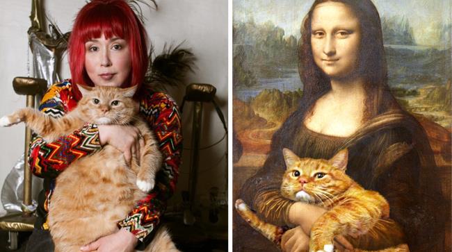 Un gatto con l'artista Svetlana Petrova e in braccio alla Gioconda di Leonardo Da Vinci Un gatto insieme alla sua padrona e in braccio alla Monnalisa