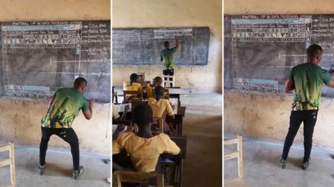 Ghanese insegna informatica senza PC, gli bastano gessetti e lavagna Le foto dell'insegnante eroe postate sul suo profilo Facebook