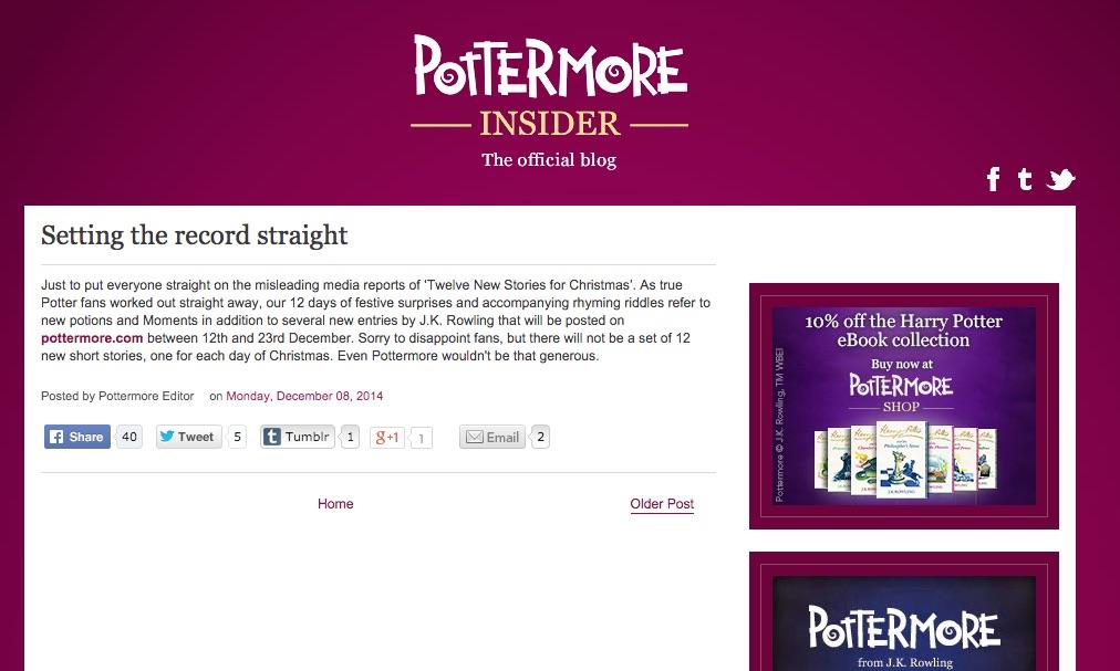 Post su Pottermore circa nuovi racconti di Harry Potter per Natale 2014