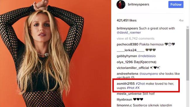 Britney Spears Instagram L'account Instagram di Britney Spears con il commento di un hacker evidenziato.
