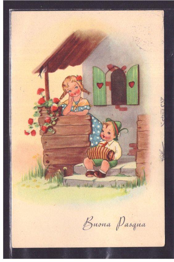 Due bambini fuori da una casetta - Immagini per auguri di Buona Pasqua