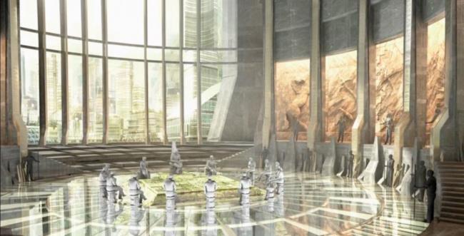 Un enorme sala consiliare con al centro il trono di Black Panther