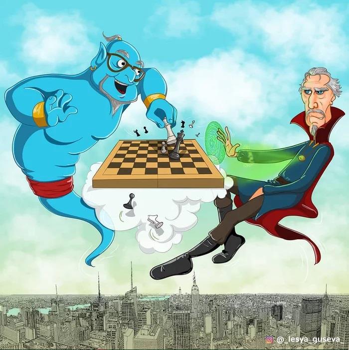 Doctor Strange vecchio che gioca a scacchi