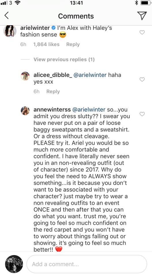 Ariel Winter viene difesa dai fan su Instagram Alcuni commenti diretti ad Ariel Winter