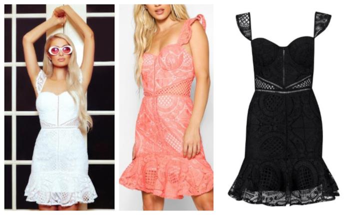 Vestito con pizzo e volant della linea Paris Hilton di moda per l'estate 2018 L'abito della collezione Paris Hilton di tendenza per l'estate 2018