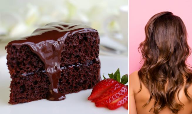 Il nuovo colore di capelli è ispirato al cioccolato Collage tra capelli castani e torta cioccolato