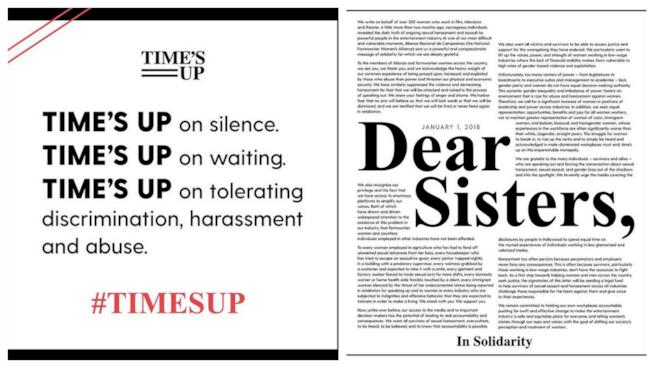 300 donne di Hollywood unite contro le molestie con Time's Up Time's Up: il manifesto dell'iniziativa