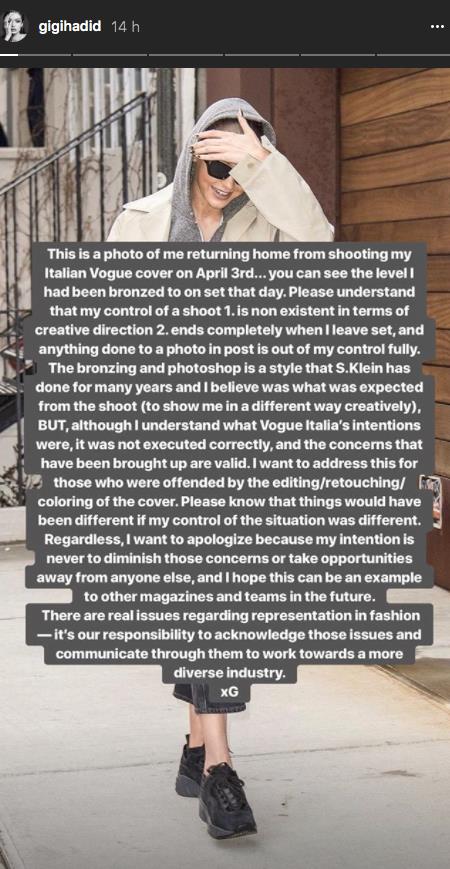 Gigi Hadid reagisce alle accuse di razzismo sui social Le scuse di Gigi Hadid su Instagram