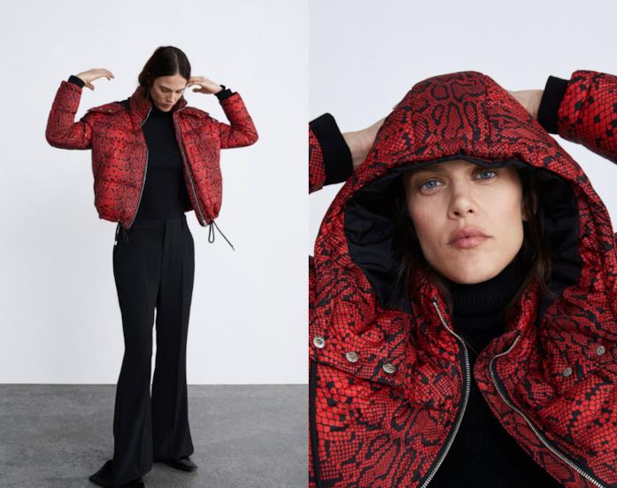 Piumino corto animalier rosso Piumino animalier di moda per l'inverno 2018