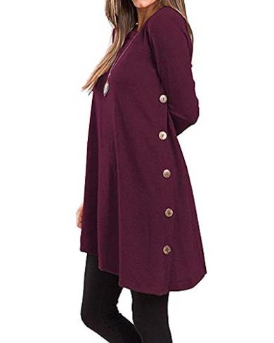 Camicia da Donna a Manica Lunga Tunica Top Casuale Camicetta Bottoni Laterali Maglietta Lunga con Scollo Rotondo Viola Scuro X-Large