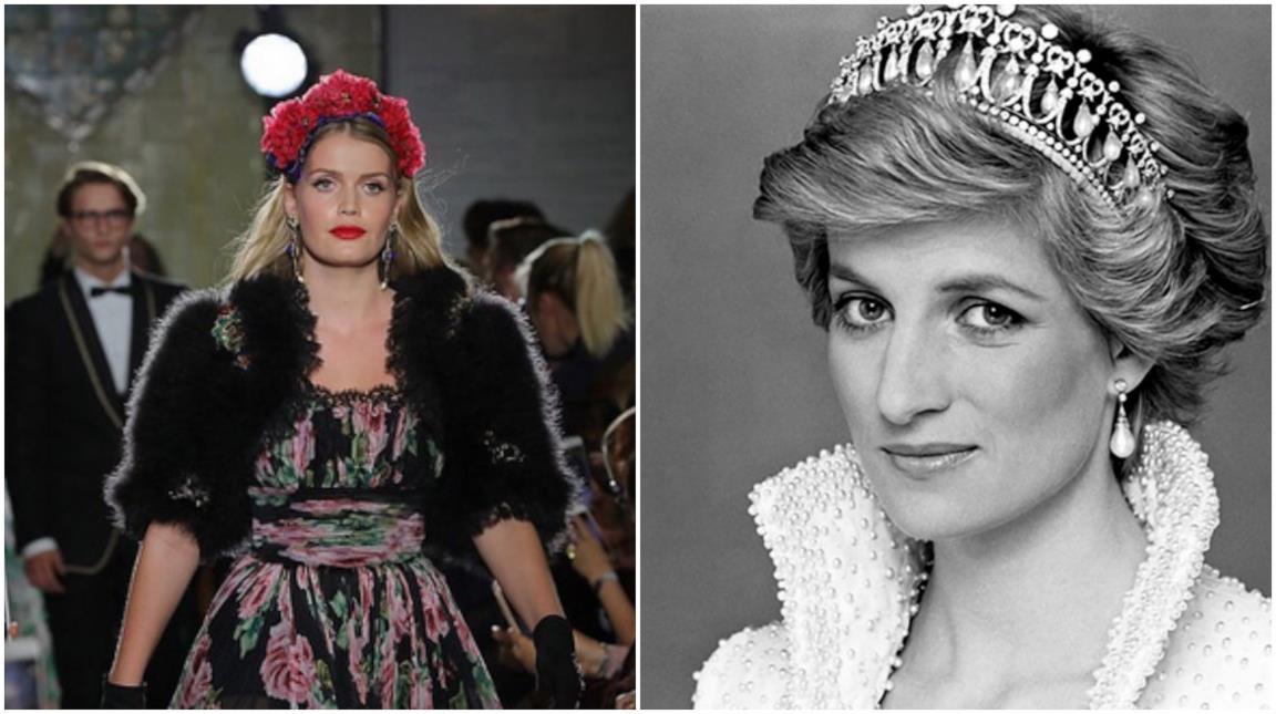Kitty Spencer in passerella in un collage con Diana