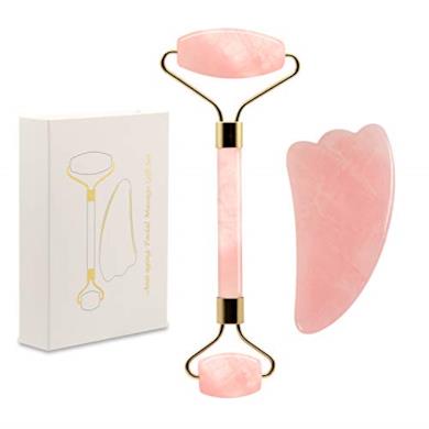 Kit Jade Roller per Gua Sha Facial, rullo al quarzo rosa