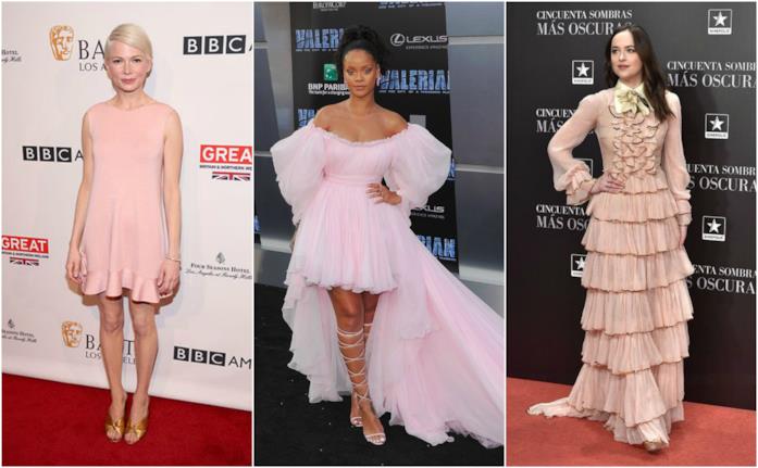 Michelle Williams, Rihanna, Dakota Johnson vestono in Millennial Pink Le star con i vestiti rosa di haute couture