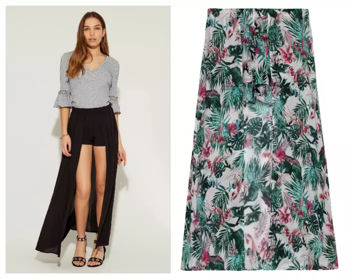 Gonna lunga con shorts color block e tropicale moda estate 2018 La gonna lunga con shorts di tendenza per l'estate 2018