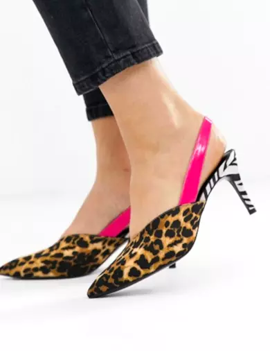 Scarpe con tacchetti a spillo e cinturino posteriore con stampa leopardata e zebrata