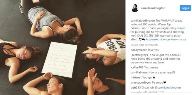 Il post di Instagram di Camilla Il post con cui Camilla festeggia la fine dell'allenamento