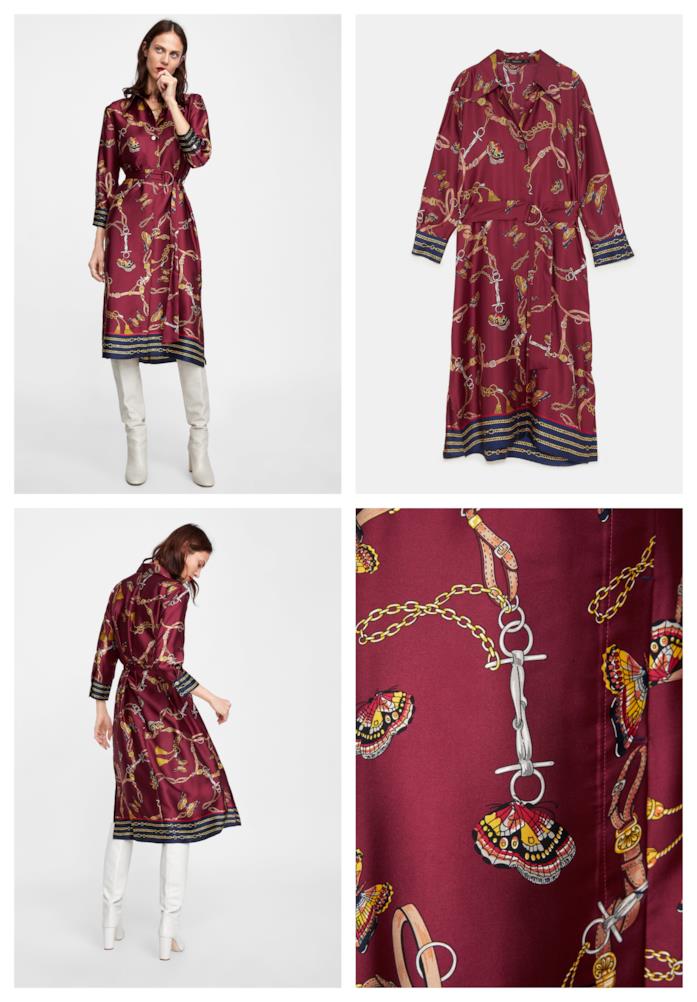 Abito midi con stampa foulard a catene moda autunno inverno 2018-19 Vestito midi con stampa foulard di tendenza per l'autunno inverno 2018-19