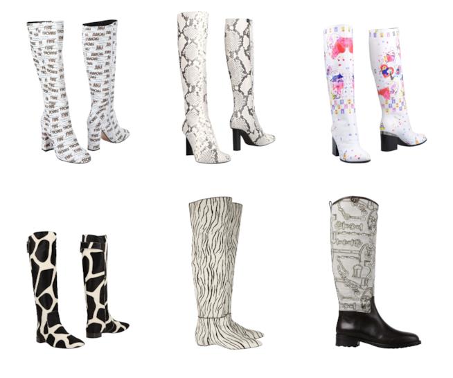 Stivali a fantasia animalier, logata e astratta di moda per l'A/I 2018-19 Stivali bianchi a fantasia di tendenza autunno inverno 2018-19