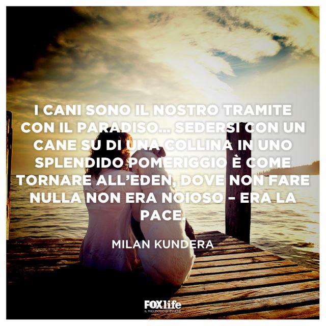 Frase Kundera Donna seduta su un pontile al tramonto con il suo cane