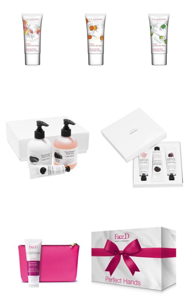 Prodotti per le mani in edizione limitata per Natale confezioni natalizie di creme per le mani Clarins, Face D e & Other Stories
