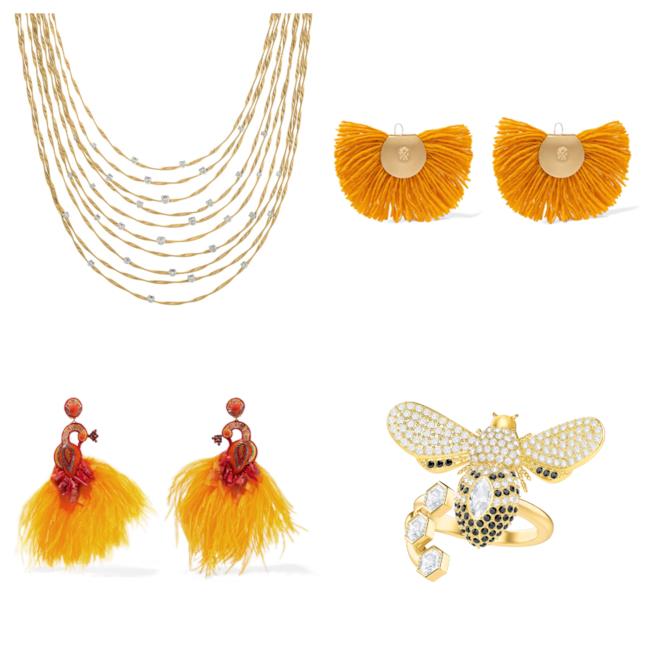 Gioielli gialli di tendenza per l'autunno 2018 Orecchini, collana e anello giallo di moda per l'autunno 2018