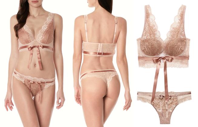 Intimissimi 2018 Chiara Ferragni: Reggiseno a balconcino Eleonora in pizzo bicolor e Brasiliano in pizzo bicolor decorato da un nastro in raso da legare intorno alla vita. La pattina interna è in 100% cotone. Intimissimi 2018 Reggiseno a balconcino e Brasiliano in pizzo bicolor