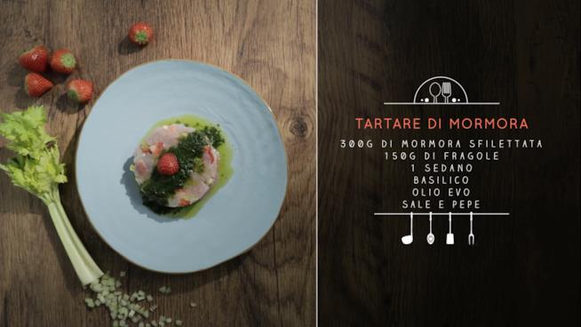 Tartare di mormora e fragole con salsa al basilico Tartare di mormora