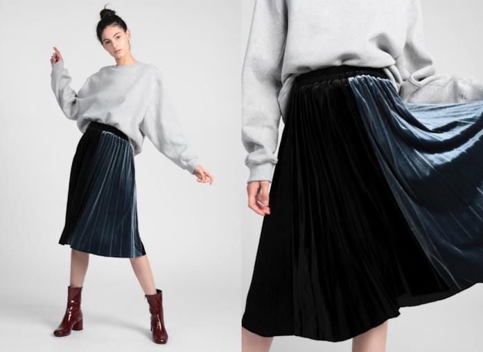 Gonna velluto nero di moda per l'inverno 2018 In velluto, la gonna a pieghe di tendenza