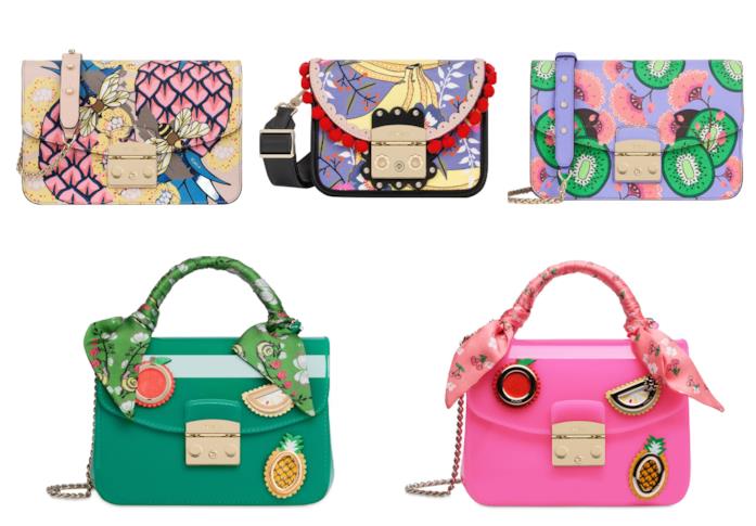 Borse con le stampe della frutta di moda per l'estate 2018 Con le stampe della frutta, le borse colorate e di tendenza per l'estate 2018