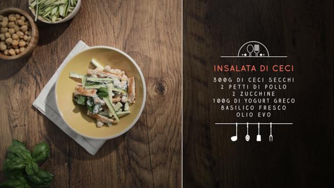 Pancake di farro con contorno di insalata di ceci e pollo Pancake di farro e insalata di ceci