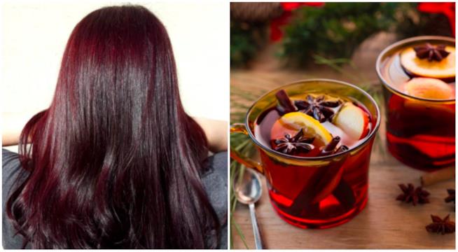 Capelli vin brûlé: il trend Collage capelli color vin brûlé e tazze di vin brûlé
