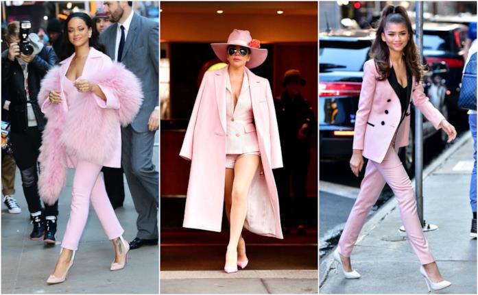 Rihanna, Lady Gaga e Zendaya con pantaloni e blazer in Millennial Pink Le giacche in rosa scelte dalle star come vuole la tendenza P/E 2018