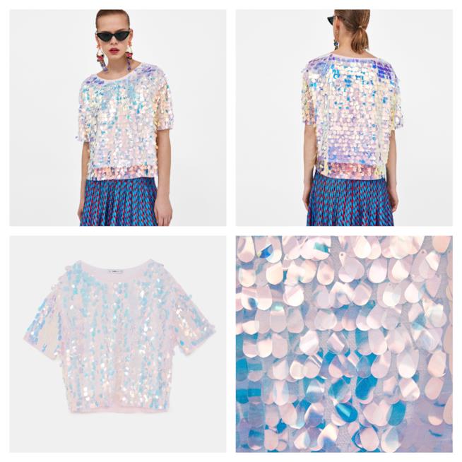 Maglia con paillettes iridescenti di moda per l'estate 2018 Con le paillettes iridescenti, la maglia di tendenza per l'estate 2018