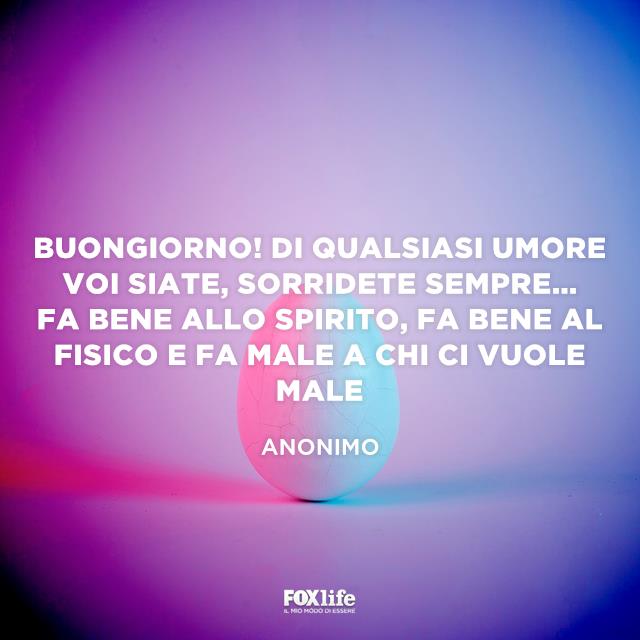 Buongiorno! Di qualsiasi umore voi siate, sorridete sempre... fa bene allo spirito, fa bene al fisico e fa male a chi ci vuole male Buongiorno! Di qualsiasi umore voi siate, sorridete sempre... fa bene allo spirito, fa bene al fisico e fa male a chi ci vuole male
