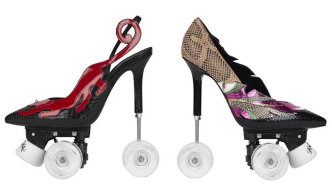 I tacchi-pattini di Yves Saint Laurent Un paio di scarpe YSL con le ruote