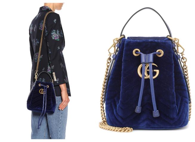 Borsa a secchiello di velluto blu moda autunno inverno 2018-19 Borsa a secchiello blu di tendenza per l'A/I 2018-19