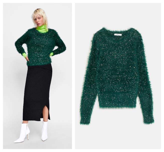 Pullover verde di tendenza per l'autunno inverno 2018-19 Pullover con le paillettes verde di moda per l'A/I 2018-19
