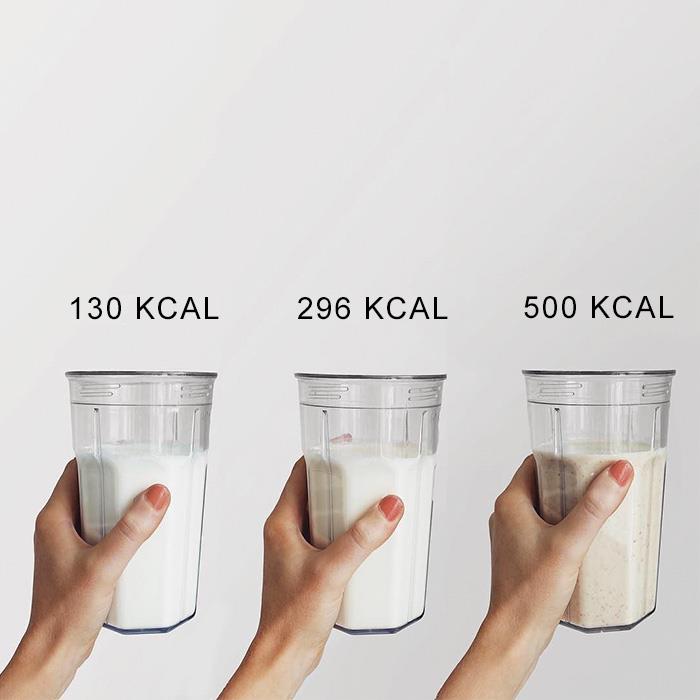 Tre frullati diversi con relative calorie Tre smoothies dal diverso apporto calorico