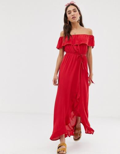 Vestito lungo rosso con scollo alla Bardot